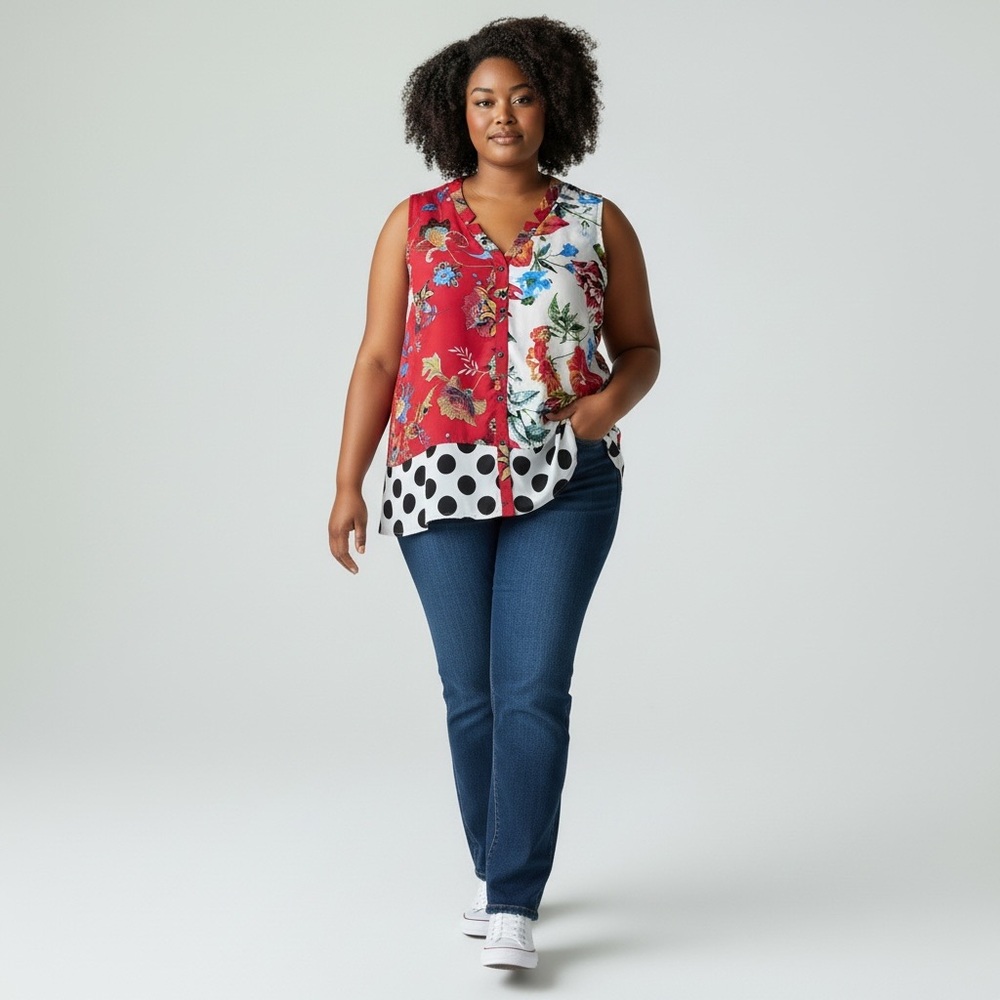 Michael Tyler - Floral Graphic Block Print Blouse - 1X
